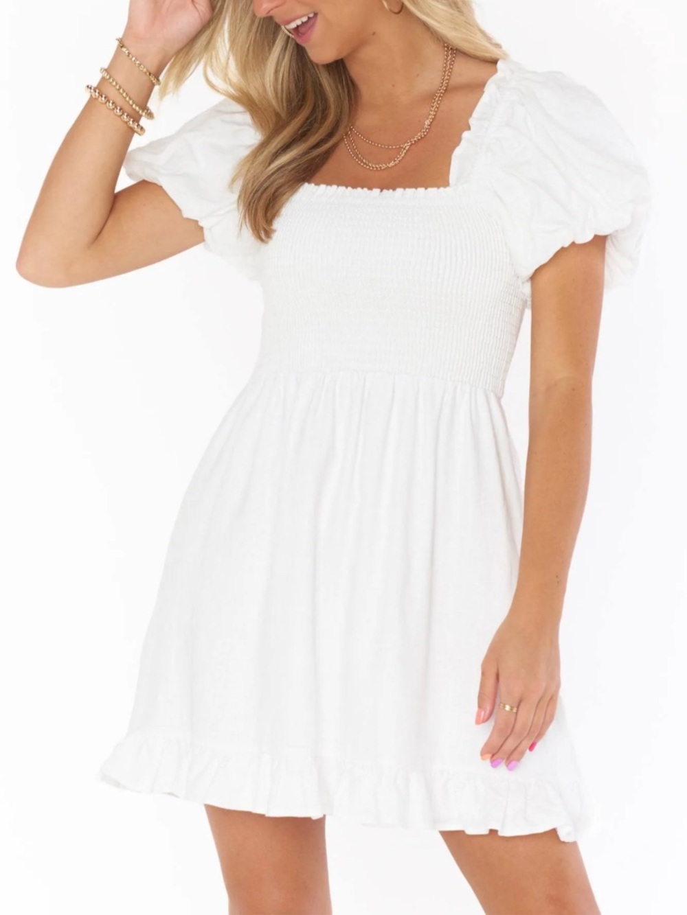 Show Me Your MuMu White Smocked Mini Dress